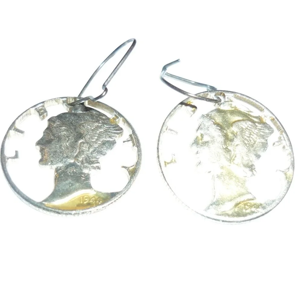 1944 Cut Out Mercury Dime Silver‎ Coin Dangle Earrings